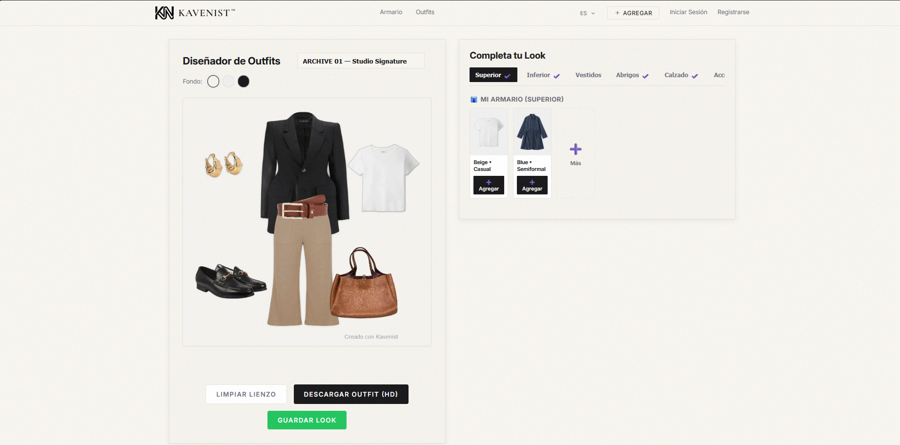 Interfaz de Kavenist OutfitCanvas Studio